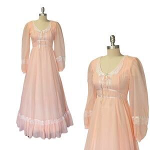 Gunne Sax Pink Maxi Dress Size 9 S Long Sleeve Prairie Coquette Vintage 70s
